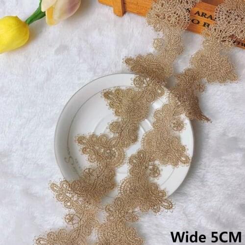 5CM Wide Luxury Glitter Cotton Golden Embroidered Fringe Ribbon Lace Collar Appliques Trim Dress Skirts Curtain Sewing Supplies