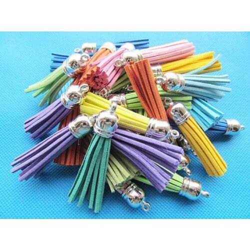 Free Shipping 100Pcs 59mm Mixed Suede Leather Jewelry Tassel For Key Chains/ Cellphone Charms Top Plated End Caps Cord Tip