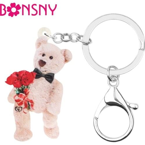 Bonsny Acrylic Lovely Plush Toy Bear Keychains Animal Key Ring Jewelry Gift For Women Kids Lover Gift Handbag Charms Accessories