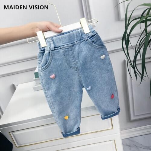 Baby Girls Jeans brand Leisure spring Baby Cute Love embroidery Denim Pants Childrens trousers Washed Kids Childrens jeans