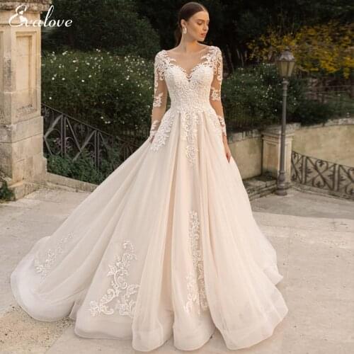 EVALOVE Design Elegant Scoop Neck Long Sleeve A-Line Wedding Dress 2021 Luxury Beading Appliques Court Train Vintage Bridal Gown