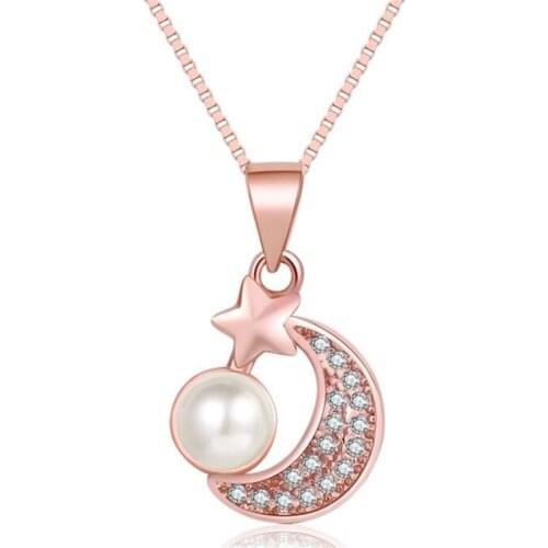 Elegant Womens Crystal Star Moon Pearl Necklace Rose Gold And Silver Color Clavicle Chain Necklace Female Wedding Jewelry