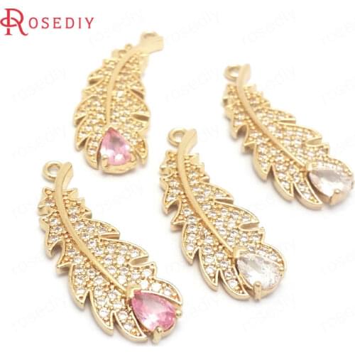 4PCS 11x30MM 24K Champagne Gold Color Brass and Zircon Feather Charms Pendants Jewelry Making Supplies Diy Findings Accessories