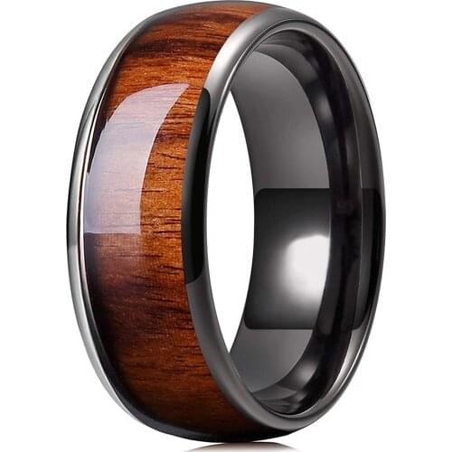 Trendy 8mm Mens Black Stainless Steel Ring Fashion Koa Wood Inlay Dome Engagement Ring For Men Wedding Band Jewelry Size 6-13