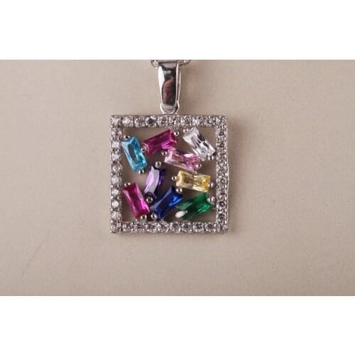 UM US JEWELRY Baget Cubic Zirconia Rhodium Plated 925 Sterling Silver Necklace