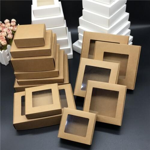 20Pcs/Lot Kraft Paper Jewelry Packaging Boxes With PVC Window Multi Size Necklace Earring Gifts Display Gift Boxes