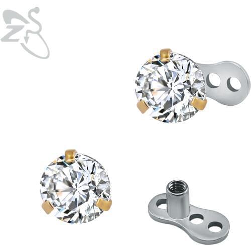 Round Cubic Zirconia Dermal Anchor Top Stainless Steel Implants Zircon Internal Threaded Screw Piercing Dermal Hide it Jewelry