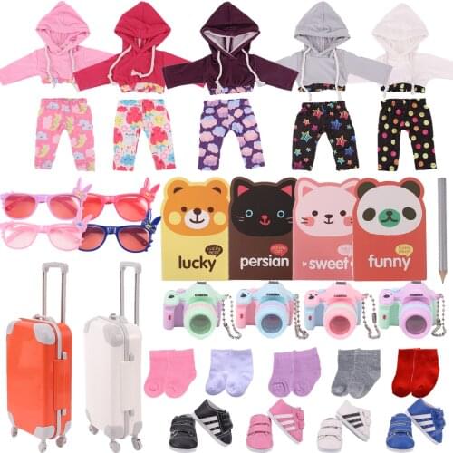 Doll Clothes Hoodie+Shoes+8Accessories Camera Glasses Suitcase For 18Inch American&43cm New Born Baby Girls Toys,Generation Gift