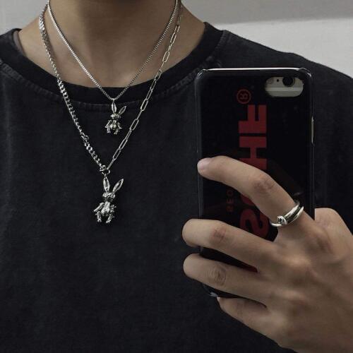 Meetvii Hip Hop Movable Rabbit Pendant Necklace Men Women Stainless Steel Chain Metal Bunny Metal Necklace Punk Jewelry