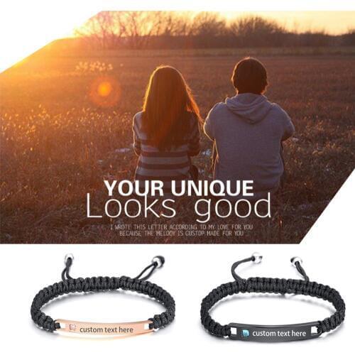 BONISKISS Fashion Leather Bracelets for Men Women Customized Engraving Stainless Steel Personalized ID Bracelet Jewelry Gift