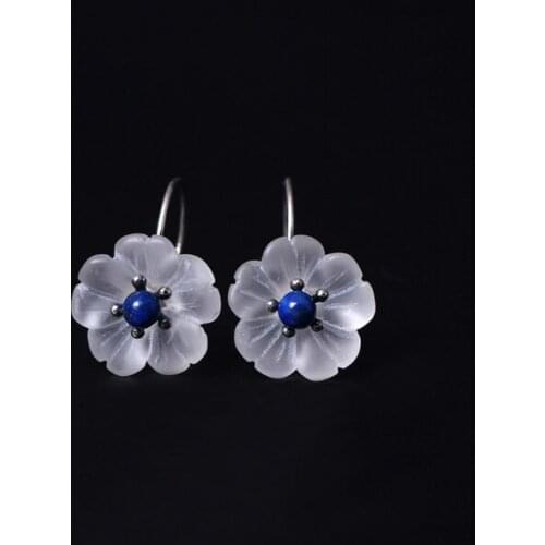Real 925 Silver Creative Design National Style Lapis Lazuli Crystal Flower Earrings Womens Simple Fashion Earrings