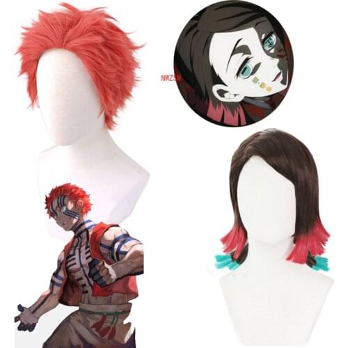 Japanese Anime Demon Slayer Wig Kimetsu no Yaiba Akaza Short Red Wig Enmu Performance Stage Costume Hair Wig