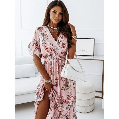 Summer Long Floral Print Dress V-Neck Short Sleeve Bohemian Elegant Maxi Dresses Casual Holiday Beach Sundress Ladies 2021