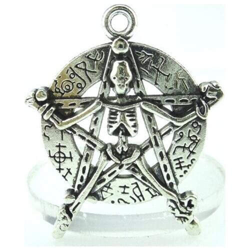 2pcs Antique Silver 43*35mm Round Pentagram Skull Spell Charms Pendant For Jewelry Making Bracelet Vintage Accessories