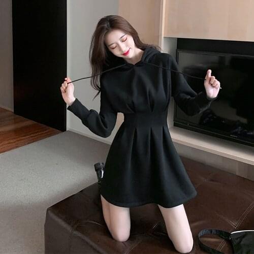 Casual women sweatshirt dress slim waist short long sleeve hooded dress solid color spring 2021 new vestidos dress