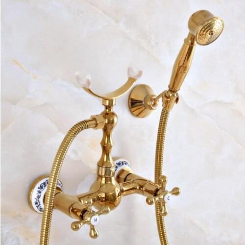 Luxury Polished Gold Color Brass Wall Mounted Bathtub Faucet with Handheld Shower Set +1500MM Hose Mixer Tap 2na940