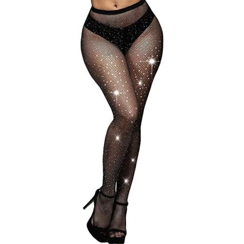 Sexy womens stockings rhinestone fishnet stockings pantyhose crystal diamond see through a piece of Teddy underwear