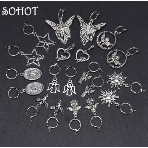 SOHOT Silver Color Alloy Star Angel Heart Sun Flowers Pendant Women Hoop Earrings Chic Retro Charming Female Jewelry Brincos