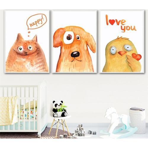 Nordic Modern Cartoon Chick Dog Cat Animals Canvas Painting Print Spray Color Poster Wall Picture Children Bedroom Decoration