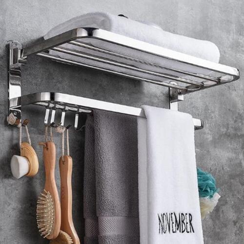 Folding 2 Tiers Stainless Steel Bathroom Towel Rack Storage Holder Wall Hanger Polished Toilet Towel Clothes Shelf With 9 Hooks