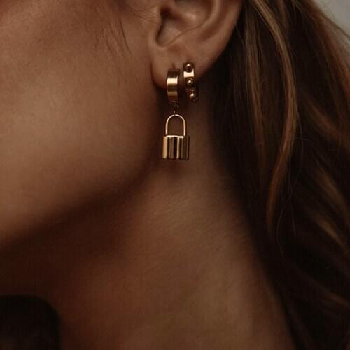 Vintage Stainless Steel Lock Statement Stud Earrings For Women 2020 Punk Hip Minimalist Allery Gold Color Earrings Gift For Her