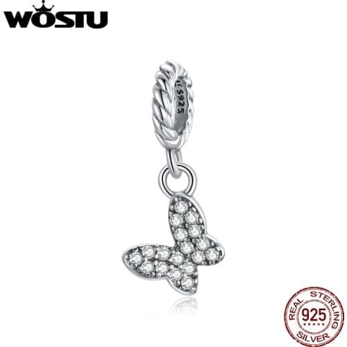 WOSTU 925 Sterling Silver Charms Small Pendant Vintage Butterfly Shine Zircon Bead Fit New Bracelet For Women DIY Jewelry CQX121