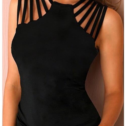 Personality Round Neck Shoulder Hollow Out Sling Blouse Female Vest Sexy 2021 Summer External Wear Knitting Sleevele Solid Color