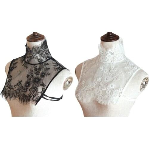Women Elegant Faux Collar Half Shirt Turtleneck Eyelash Floral Lace Sleeveless Crop Top Sexy Sheer Decorative Dickey