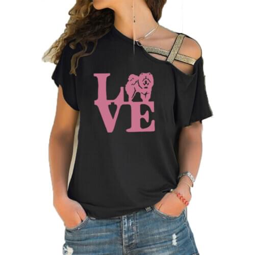 I Love Chow Chow Fashion Print Cross Bandage T-Shirt For Women Plus Size Tops Dog Lover Girlfriend Tees Women Off The Shoulder