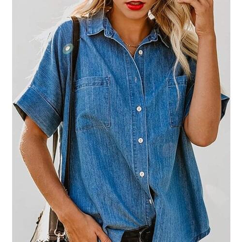 Womens Short Sleeved Straight Denim Shirt Loose European And American Plus Size Shirts For Women рубашки женские