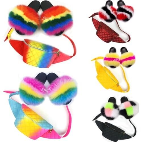 Womens Summer Fluffy Fox Fur Slippers Ladies Rainbow Fannypack Sets Female Furry Slides Jelly Wallet Shoes Sets Plush Sandals