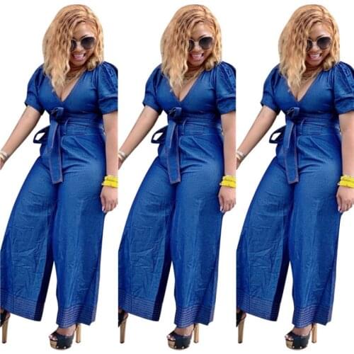 Womens Jumpsuit Fashion Casual Sexy V-Neck Wide-Leg Denim Jumpsuit with Belt