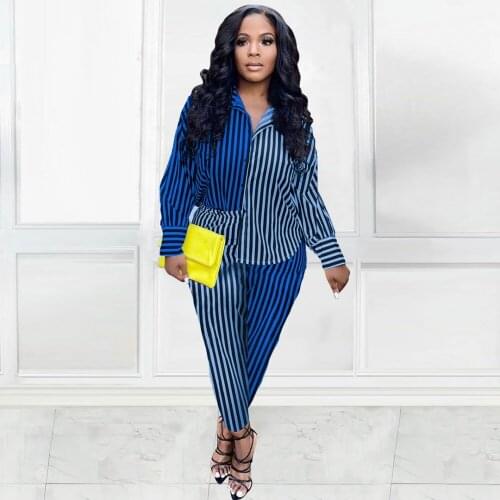 2021 Autumn Lapel Neck Women Outfits Fashion Striped Patchwork Tops Casual Long Straight Pants Street Wear Outfits 3 Colors