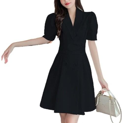 PERHAPS U Women Elegant Streetwear Notched Puff Sleeve Belt Sashes Folds Double Breasted Slim Pleated A-Line Short Dress D3060