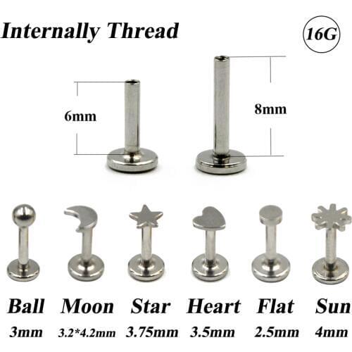 1Piece Stainless Steel Monroe Labret Lip Bar Ring Earring Push Fit Top 16g Cartilage Internally Thread Piercing Body Jewelry