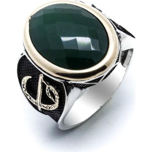 925 sterling Silver Green Zircon Stone Aleph Vav Detailed Ring
