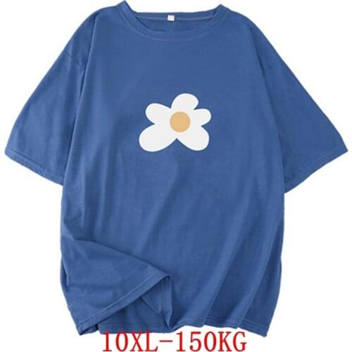 Large womens T-shirt plus size 8xl 9xl 10xl summer round neck short sleeve loose flower black and white blue big T-shirt top