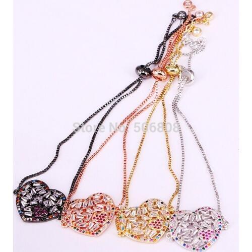 6PCS ZYZ-B0516 Micro Pave Heart Connector Bracelet, Colorful Cubic Zirconia Heart Bracelet