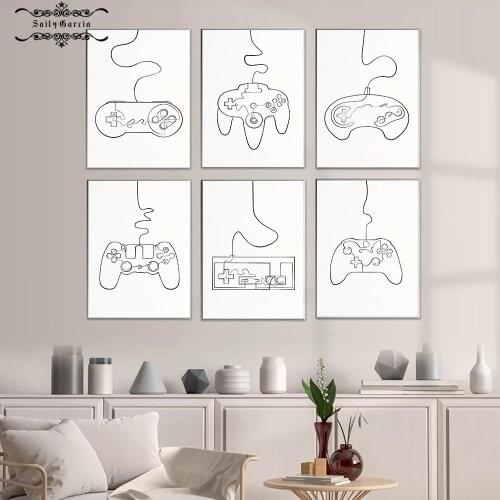 Black and White Poster Gaming Minimalism Canvas Painting Game Console Line Drawing Print Nordic Wall Pictures Gaming Room Decor