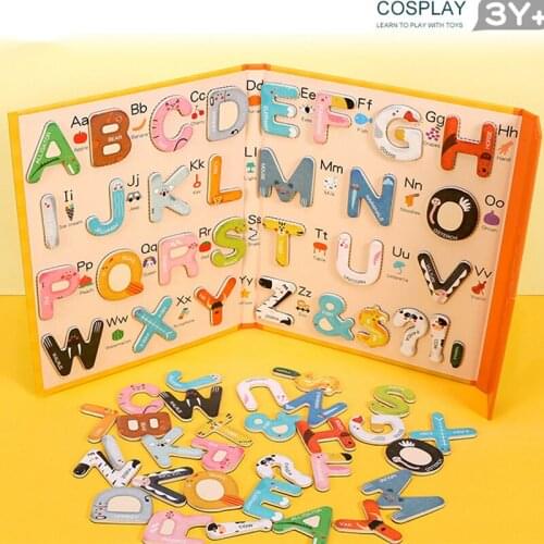 Montessori Wooden 26Pcs Magnetic English Letters Board Game Alphabets Languages Learning Book Educational Toy for Children Gifts