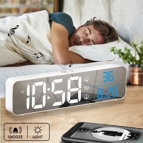 Electronic Digital Music Alarm Clock Temperature Date LED Display Alarm Clock Desktop Table Decoration Mirror Clock