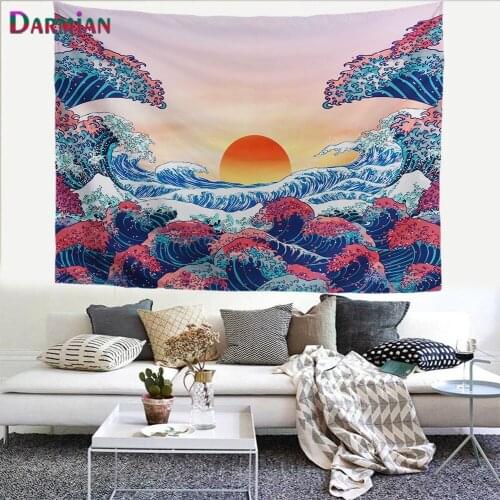 DARMIAN Harajuku Style Tapestry Japanese The Great Ocean Wave Pattern Tapestry Mount Fuji Wall Hanging Tapestry Room Dorm Decor