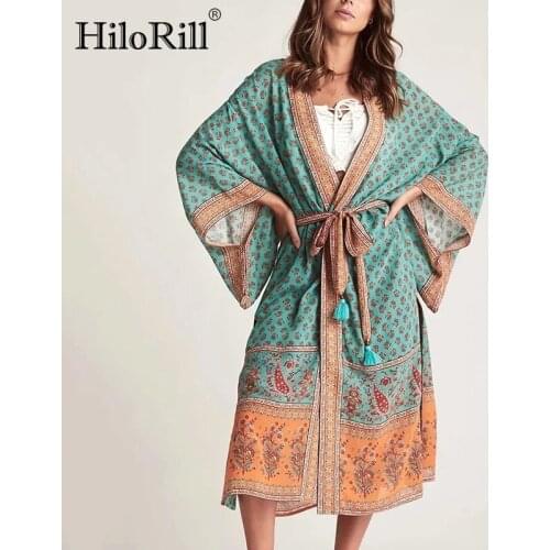 HiloRill Summer Floral Print Tops Outerwear V Neck Beach Thin Coat Women Batwing Sleeve Japan Home Style Long Jacket Female