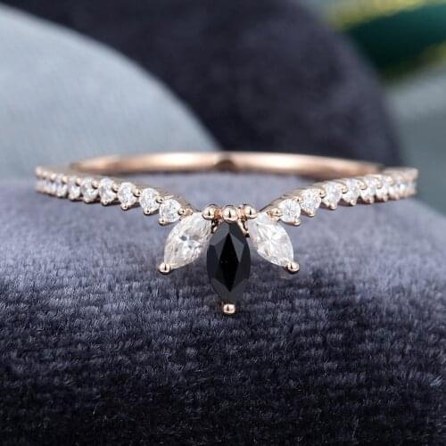 EDI Marquise Black Onyx Stacking Ring Curved 14k Rose Gold Moissanites Matching Wedding Band Promise Gift For Her