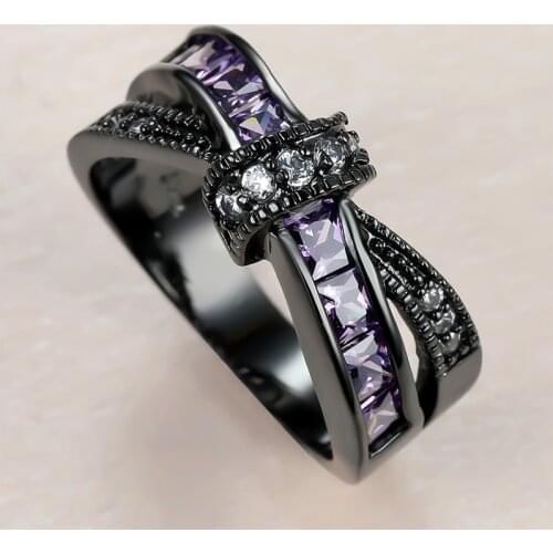 Trendy Female Purple Crystal Stone Ring Charm 14KT Black Gold Wedding Rings For Women Cute Bride Bowknot Zircon Engagement Ring