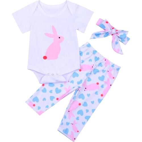 Baby 2021 Summer Clothes 3Pcs Newborn Baby Girl Child Bunny Clothes Romper Tops Pants Headband Easter Outfits Set