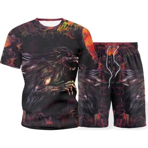 Summer mens casual suit 3D printing new Harajuku short sleeve two piece Street Sports stretch T-shirt sets