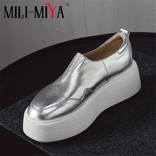 MILI-MIYA Luxury Genuine Leather Thick Bottom Sneaker Slip On Round Toe Waterproof Solid Elegant Platform Convenient Vulcanized
