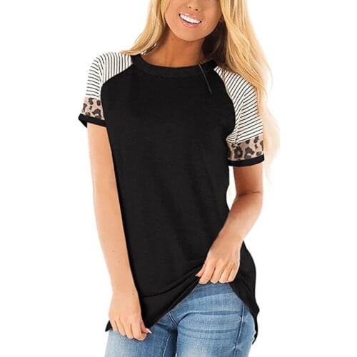 Summer Cotton Womens T-Shirt Round Collar Short Sleeve Pullover Leopard Patchwork Loose Fashion Casual T-Shirt