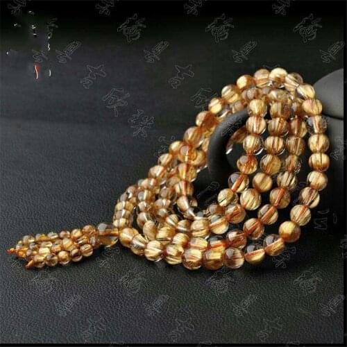 Top Natural Gold Rutilated Quartz Crystal Transparent Round 108 Bead Bracelet